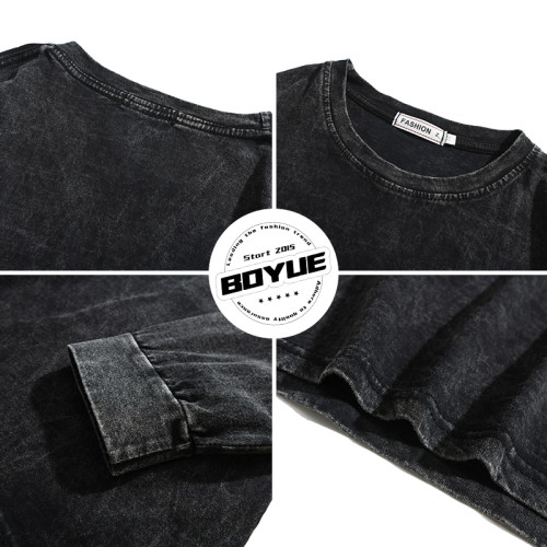 BOYUE帛躍春秋季長袖做舊水洗純棉T恤男潮純色復古打底衫日系內搭