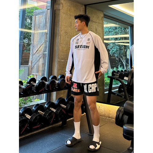Satjdm美式穿搭拼接撞色插肩袖長袖訓練服T恤健身跑步體育生2024