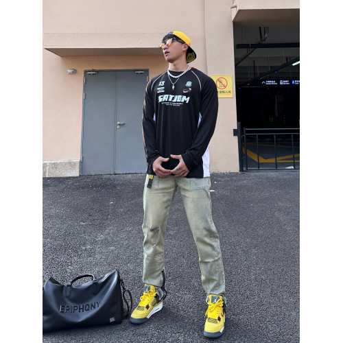 Satjdm美式穿搭拼接撞色插肩袖長袖訓練服T恤健身跑步體育生2024