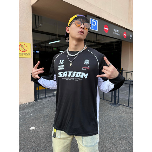 Satjdm美式穿搭拼接撞色插肩袖長袖訓練服T恤健身跑步體育生2024