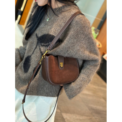 真皮馬鞍包女2024秋冬新款復古時尚反絨牛皮女包腋下單肩包斜後後背包