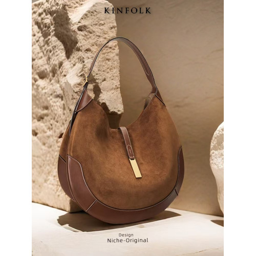 2025冬季新款麂皮絨拼接撞色馬鞍包高品質托特包鄭秀晶同款女包