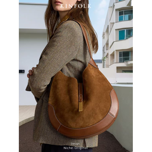 2025冬季新款麂皮絨拼接撞色馬鞍包高品質托特包鄭秀晶同款女包