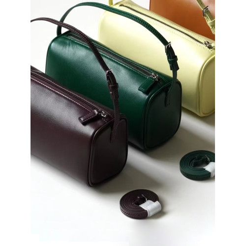 頭層牛皮圓筒包法式復古真皮腋下包手提保齡球枕頭包單肩斜後後背包女