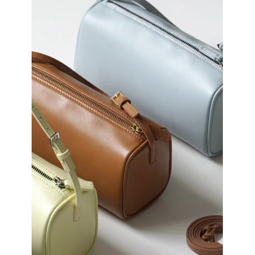 頭層牛皮圓筒包法式復古真皮腋下包手提保齡球枕頭包單肩斜後後背包女