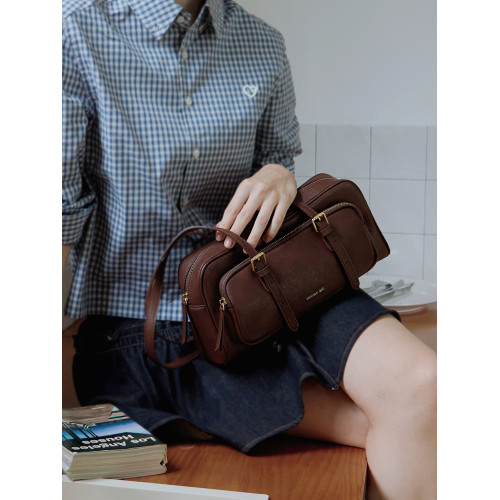 真皮波士頓包牛皮法棍包女高級復古通勤單肩手提腋下包老錢風包包