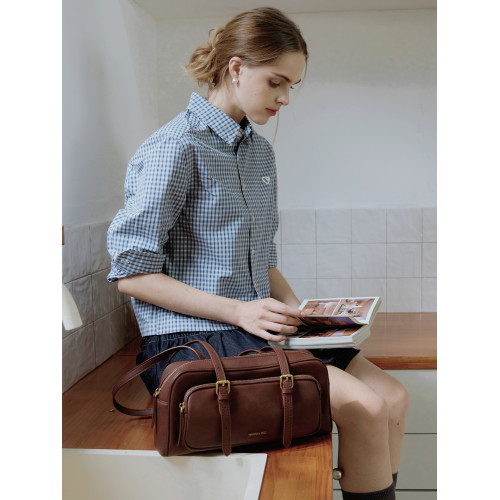 真皮波士頓包牛皮法棍包女高級復古通勤單肩手提腋下包老錢風包包