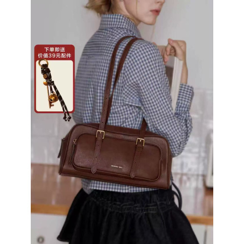 真皮波士頓包牛皮法棍包女高級復古通勤單肩手提腋下包老錢風包包