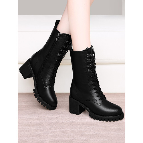 中筒粗跟馬丁靴女2026新款短靴爆款單靴冬季媽媽高跟鞋真皮棉鞋子