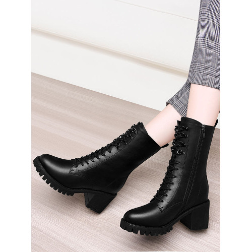 中筒粗跟馬丁靴女2026新款短靴爆款單靴冬季媽媽高跟鞋真皮棉鞋子