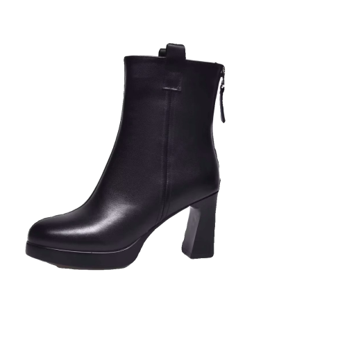 品牌撤櫃真皮高跟馬丁靴女2025秋冬新款加絨防水台粗跟尖頭短靴