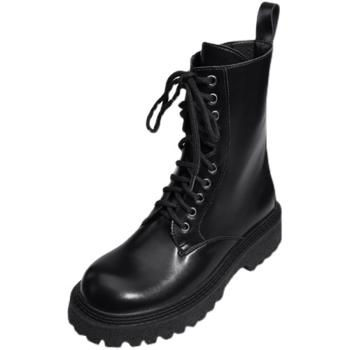 CHUYUSHI 真皮機車馬丁靴女款2026新款英倫風復古中筒黑色短靴子