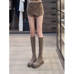 混凝草後拉鍊顯瘦長靴子女中筒春夏平底騎士靴厚底不過膝瘦瘦靴