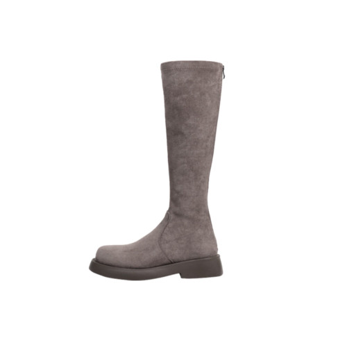 混凝草後拉鍊顯瘦長靴子女中筒春夏平底騎士靴厚底不過膝瘦瘦靴