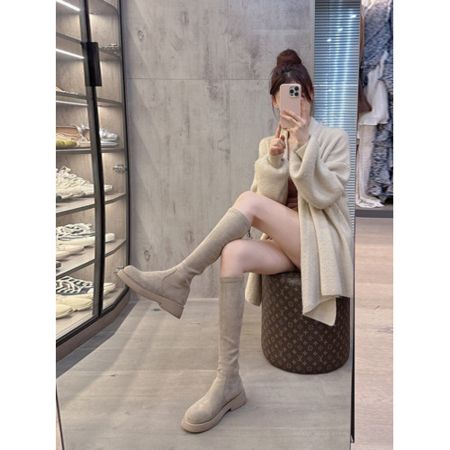 混凝草後拉鍊顯瘦長靴子女中筒春夏平底騎士靴厚底不過膝瘦瘦靴