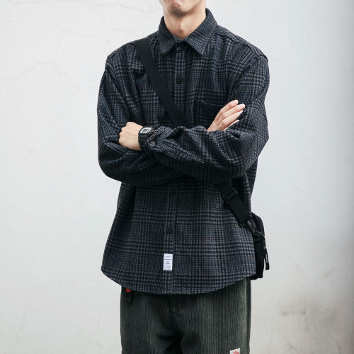 復古工裝格子襯衫男秋冬季長袖潮流寬鬆百搭加厚襯衣休閒毛呢襯衣