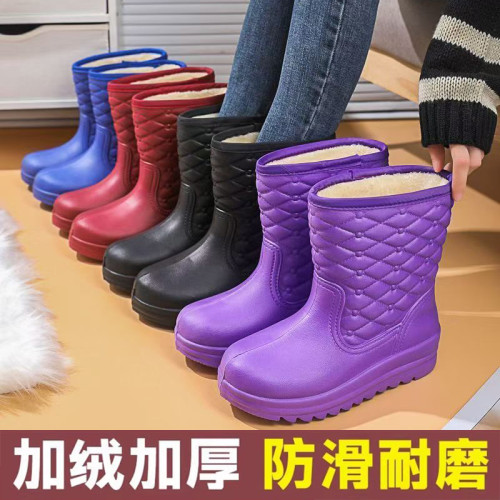 雨鞋女士冬季加絨防滑加厚保暖防油防水鞋雨靴厚底膠鞋中筒大棉鞋