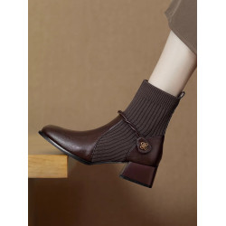 復古真皮粗跟短靴女2025秋冬季新款中跟針織彈力襪子靴英倫瘦瘦靴