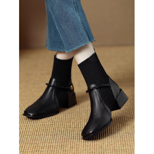 復古真皮粗跟短靴女2025秋冬季新款中跟針織彈力襪子靴英倫瘦瘦靴 復古真皮粗跟短靴女2025秋冬季新款中跟針織彈力襪子靴英倫瘦瘦靴