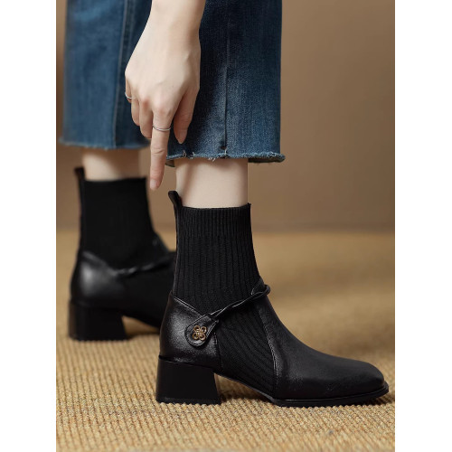 復古真皮粗跟短靴女2025秋冬季新款中跟針織彈力襪子靴英倫瘦瘦靴 復古真皮粗跟短靴女2025秋冬季新款中跟針織彈力襪子靴英倫瘦瘦靴