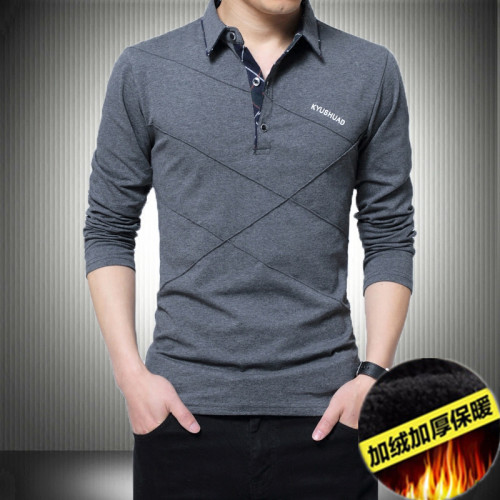 2025款秋冬男士繙領長袖T恤貼身純棉加絨內穿搭深灰色打底小衫5XL