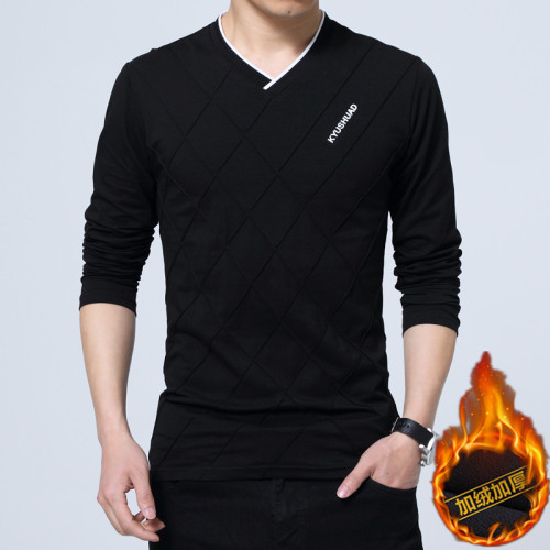 2025款秋冬男士繙領長袖T恤貼身純棉加絨內穿搭深灰色打底小衫5XL