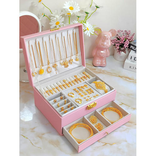 高檔黃金首飾收納盒帶鎖大容量耳環項鍊珠寶精緻手飾品首飾盒子