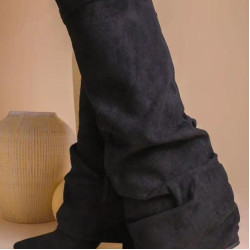 秋冬新款西部牛仔靴方跟9公分高筒騎士靴英倫風不過膝長靴BOOTS