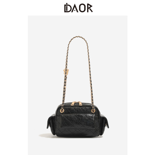 DAOR油蠟牛皮多口袋菱格鏈條腋下包女2025新款辣妹單肩斜背機車包