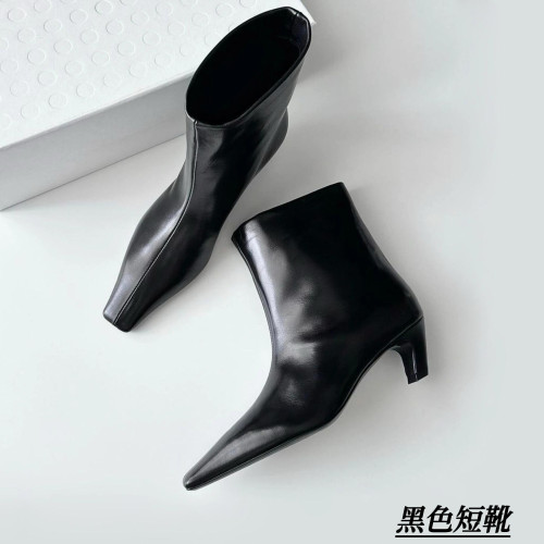 牛皮~氣質小方頭套腳貓跟短靴真皮秋冬新款百搭瘦瘦靴高跟中筒靴