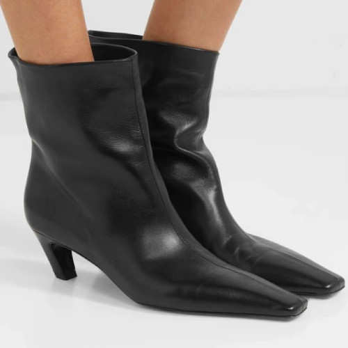 牛皮~氣質小方頭套腳貓跟短靴真皮秋冬新款百搭瘦瘦靴高跟中筒靴