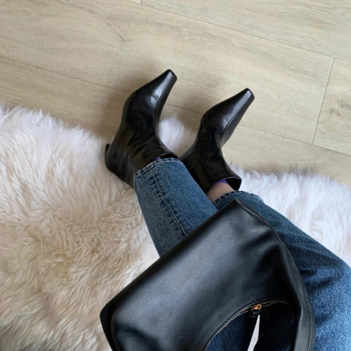 牛皮~氣質小方頭套腳貓跟短靴真皮秋冬新款百搭瘦瘦靴高跟中筒靴