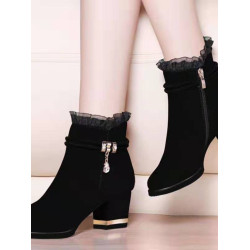 女士女式新款加棉加毛絨面磨砂側拉鍊粗跟馬丁靴子薄紗卷邊高跟靴