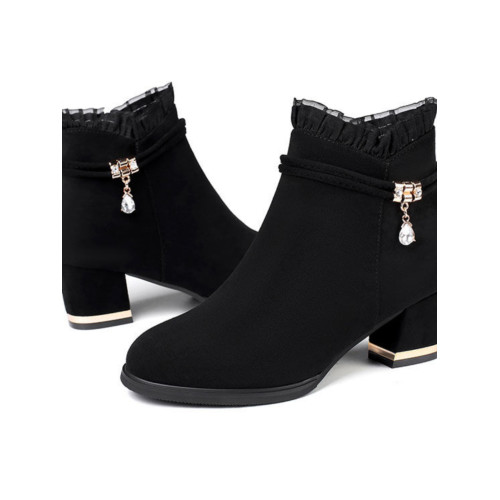 女士女式新款加棉加毛絨面磨砂側拉鍊粗跟馬丁靴子薄紗卷邊高跟靴