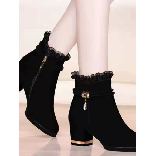 女士女式新款加棉加毛絨面磨砂側拉鍊粗跟馬丁靴子薄紗卷邊高跟靴