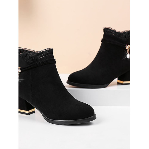 女士女式新款加棉加毛絨面磨砂側拉鍊粗跟馬丁靴子薄紗卷邊高跟靴