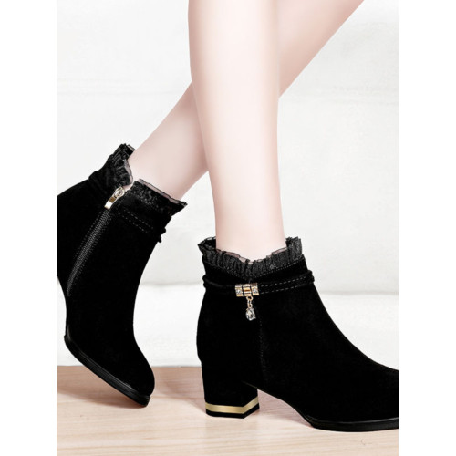 女士女式新款加棉加毛絨面磨砂側拉鍊粗跟馬丁靴子薄紗卷邊高跟靴