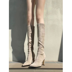 粗跟長靴女2025秋冬新款尖頭瘦瘦靴百搭絨面高筒過膝靴高跟彈力靴