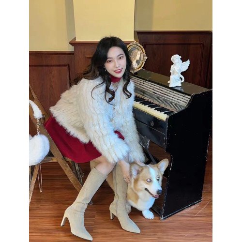 粗跟長靴女2025秋冬新款尖頭瘦瘦靴百搭絨面高筒過膝靴高跟彈力靴