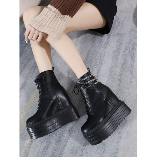 15CM坡跟超高跟鞋恨天高厚底馬丁靴小個子內增高短靴白色防滑女靴