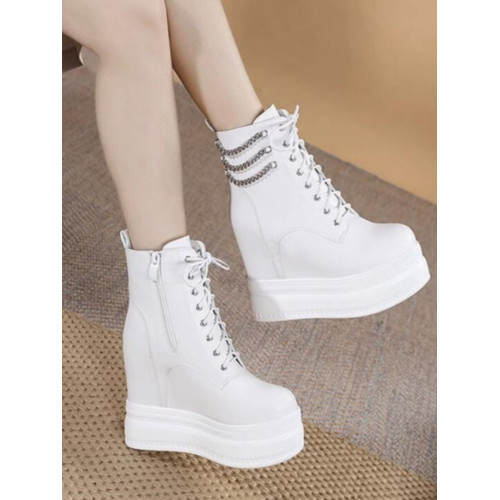 15CM坡跟超高跟鞋恨天高厚底馬丁靴小個子內增高短靴白色防滑女靴