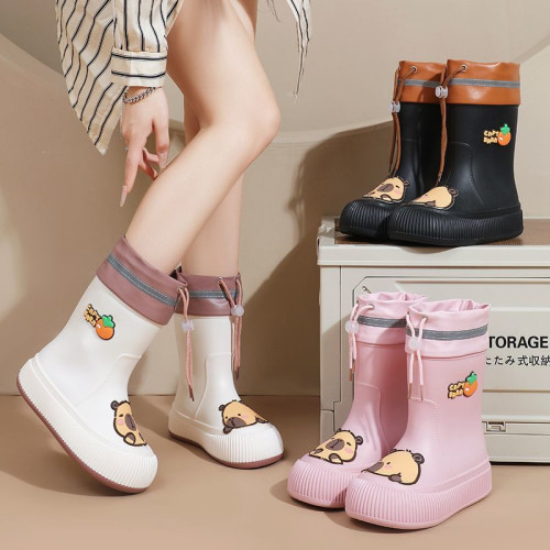 雨鞋女款防水抽繩束口成人雨靴親子時尚外穿可愛防滑加絨保暖膠鞋