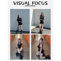 Visual focus 厚底馬丁靴女辣妹港潮風皮帶釦系帶賽博龐克短靴子