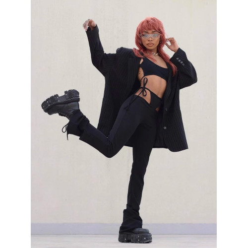 Visual focus 厚底馬丁靴女辣妹港潮風皮帶釦系帶賽博龐克短靴子