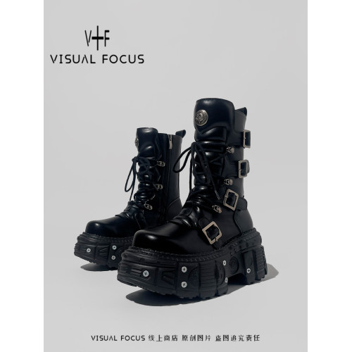 Visual focus 厚底馬丁靴女辣妹港潮風皮帶釦系帶賽博龐克短靴子