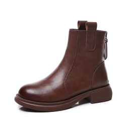 品牌軟皮瘦瘦靴2024款平底後拉鍊春秋單靴子秋冬加絨馬丁靴棉鞋