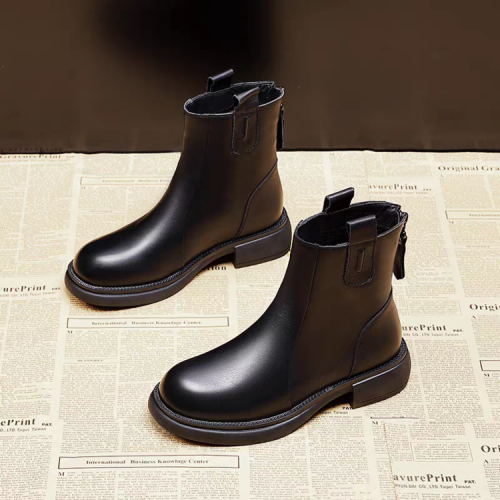 品牌軟皮瘦瘦靴2024款平底後拉鍊春秋單靴子秋冬加絨馬丁靴棉鞋