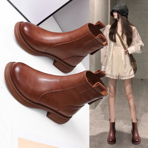 品牌軟皮瘦瘦靴2024款平底後拉鍊春秋單靴子秋冬加絨馬丁靴棉鞋