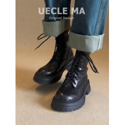 牛皮版~真皮厚底馬丁靴女2025秋冬新款小個子英倫風酷颯系帶短靴