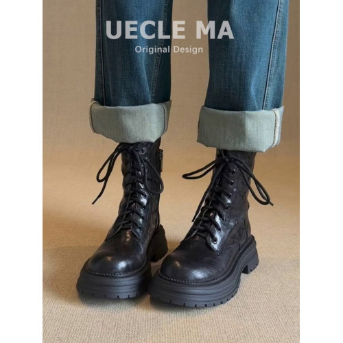 牛皮版~真皮厚底馬丁靴女2025秋冬新款小個子英倫風酷颯系帶短靴 牛皮版~真皮厚底馬丁靴女2025秋冬新款小個子英倫風酷颯系帶短靴